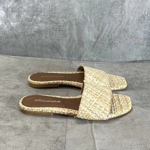 Jeffrey Campbell Women's Tan/White Raffia Tropical Square-Toe Flat Sandals SZ 6